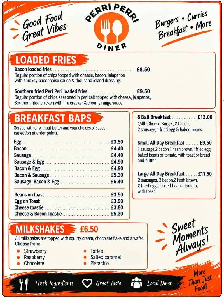 Bacon loaded fries, Southern fried Peri Peri loaded fries, Breakfast Baps (Egg, Bacon, Sausage, Sausage & Egg, Bacon & Egg, Bacon & Sausage, Sausage, Bacon & Egg), Beans on toast, Egg on toast, Cheese toastie, Cheese & Bacon toastie, 8 Ball Breakfast, Small All Day Breakfast, Large All Day Breakfast, and Milkshakes (Strawberry, Raspberry, Chocolate, Toffee, Salted caramel, Pistachio)