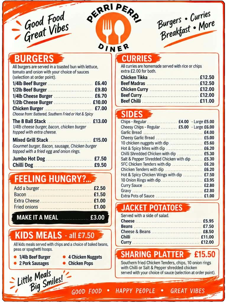 Burgers (1/4lb Beef Burger, 1/2lb Beef Burger, 1/4lb Cheese Burger, 1/2lb Cheese Burger, Chicken Burger, The 8 Ball Stack, Mixed Grill Stack, Jumbo Hot Dog, Chilli Dog), Extras (Add a burger, Bacon, Extra Cheese, Fried onions, Make it a meal), Kids Meals (1/4lb Beef Burger, 2 Pork Sausages, 4 Chicken Nuggets, Chicken Pops), Curries (Chicken Tikka, Beef Madras, Chicken Curry, Beef Curry, Beef Chilli), Sides (Chips, Cheesy Chips, Garlic Bread, Cheesy Garlic Bread, 10 Chicken Nuggets with dip, Hot & Spicy bites with dip, Chilli Shredded Chicken with dip, Salt & Pepper Shredded Chicken with dip, SFC Chicken Tenders with dip, Chicken Tenders with dip, Hot & Spicy Chicken Wings with dip, 10 Onion Rings with dip, Curry Sauce, Gravy, Extra Pots of Sauce), Jacket Potatoes (Cheese, Beans, Cheese & Beans, Chilli, Curry), and Sharing Platter